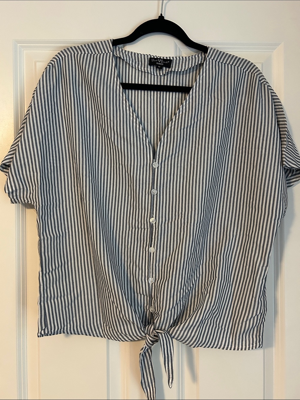 Woman Within Blue and White Striped Tie-Front Button Shirt